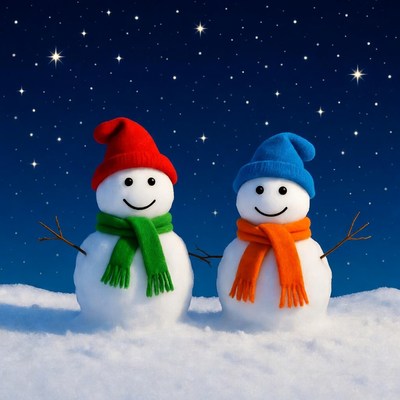Two Snowmen with Scarves on Snowy Night