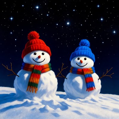 Two Snowmen with Scarves in Snowy Night