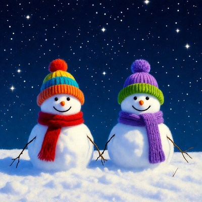Two Snowmen Holding Hands in Snow