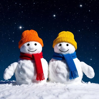 Two Snowmen with Scarves in Snowy Night