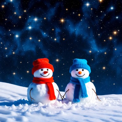 Red and Blue Snowmen in Snowy Night Sky