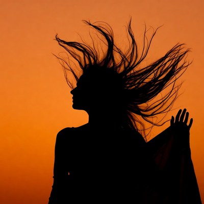 Woman silhouette with flowing hair at sunset