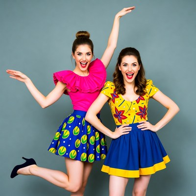 Two women in colorful dresses dancing