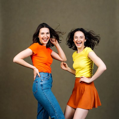 Two women dancing in orange outfits