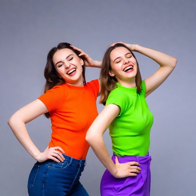 Two laughing women in orange and green tops