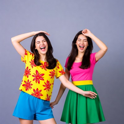 Two women dancing in colorful Hawaiian outfits