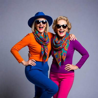 Two joyful senior women in colorful outfits