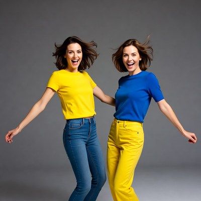 Two women dancing in yellow and blue outfits