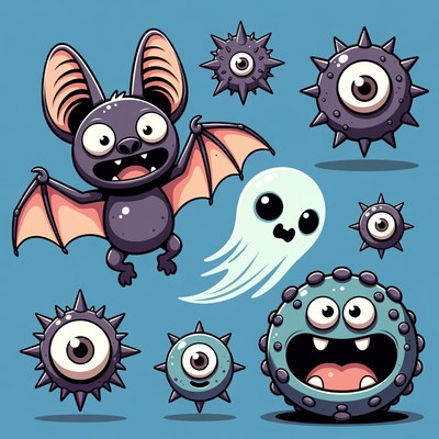 Cartoon Halloween Bat and Monsters