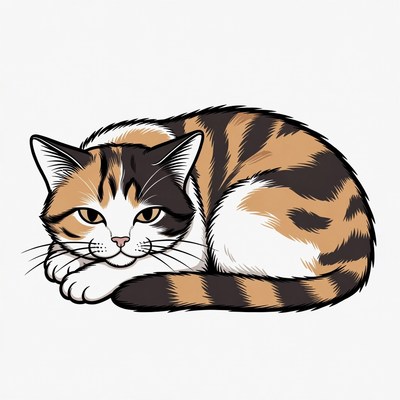 Calico cat lying curled up