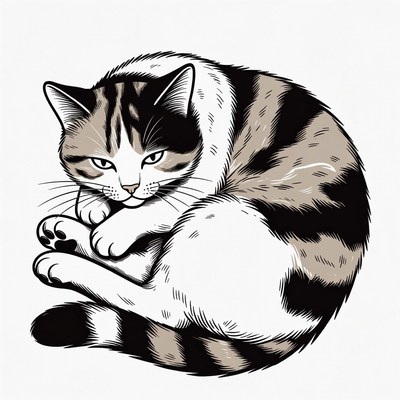 Curled tabby cat illustration
