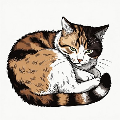 Curled up calico cat illustration