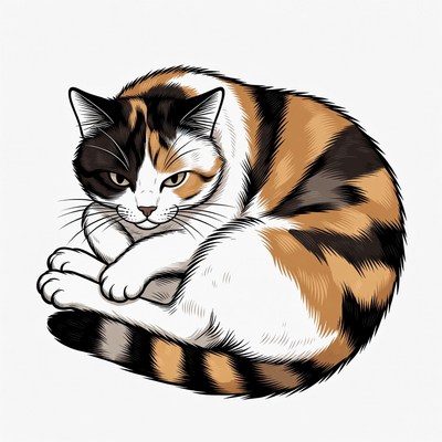 Curled Calico Cat Illustration