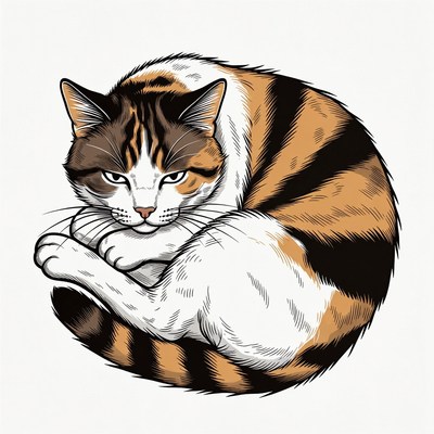 Curled Calico Cat Illustration