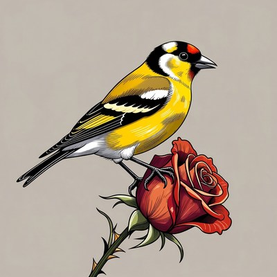 Goldfinch perched on red rose