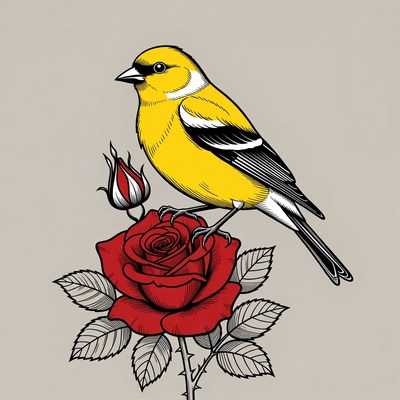 Yellow Finch Perched on Red Rose