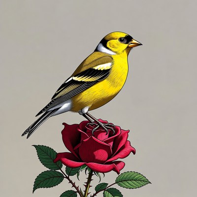Goldfinch perched on red rose