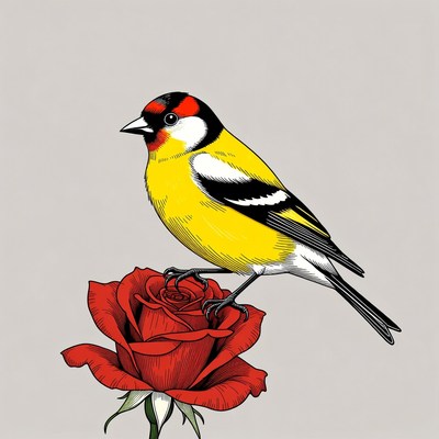 Goldfinch perched on red rose