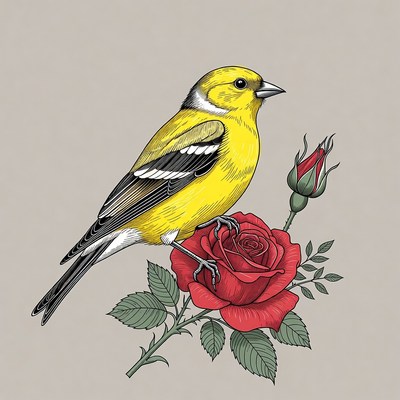 Yellow Finch Perched on Red Rose