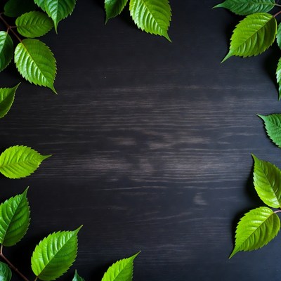 Green leaves frame on black wood