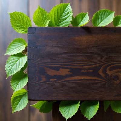 Blank Wooden Sign with Green Leaves