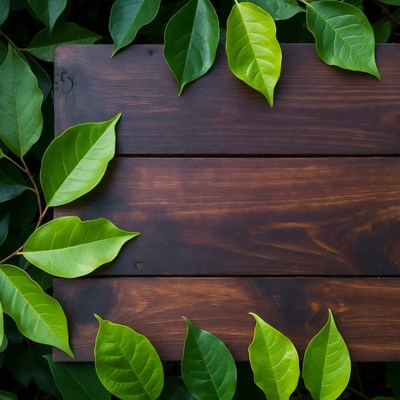 Wooden board with green leaves