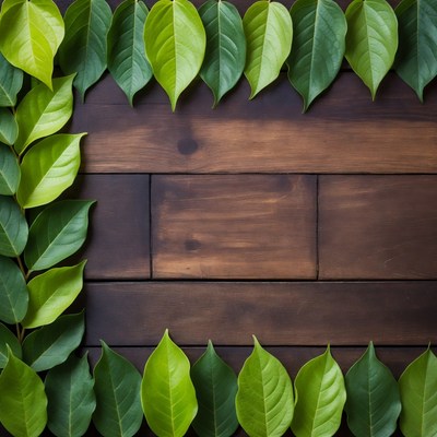 Green leaves on wooden surface