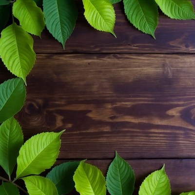 Green leaves frame on wooden surface