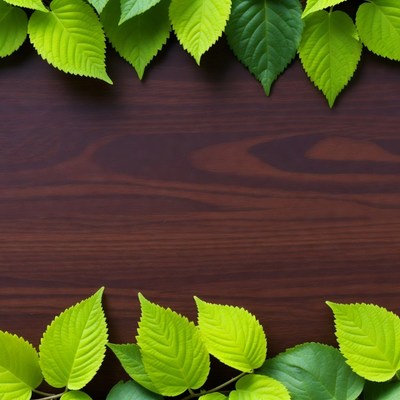 Green leaves border on wooden table