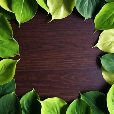 Pothos Leaves Framing Wooden Surface