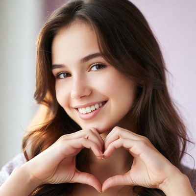 Smiling woman making heart hands