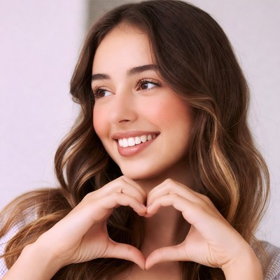 Smiling woman making heart hands