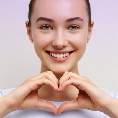 Smiling woman making heart hands