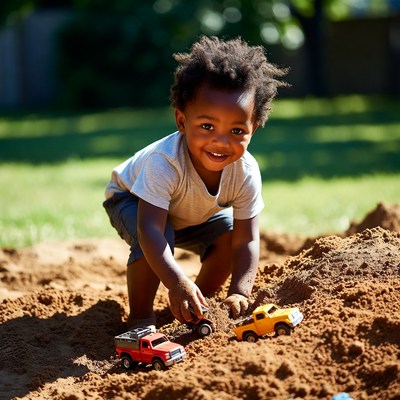 African-American toddler playing with toy trucks in sand