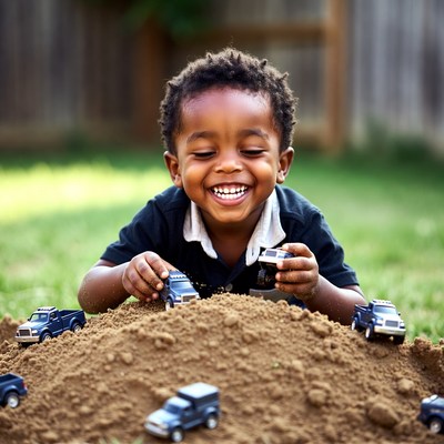 African-American boy playing toy trucks