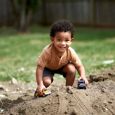 African-American toddler playing with toy trucks