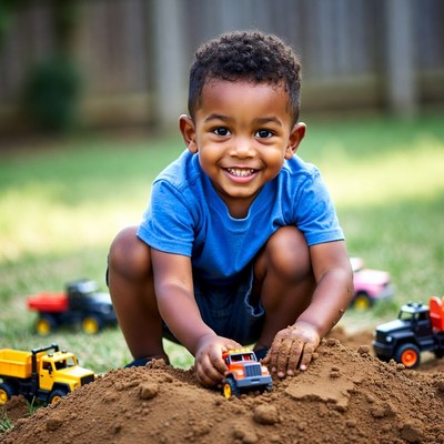 African-American boy playing toy trucks dirt