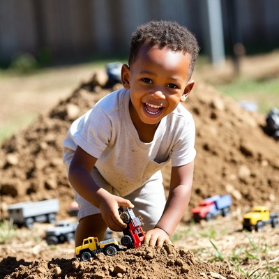 African-American boy playing toy trucks in sand
