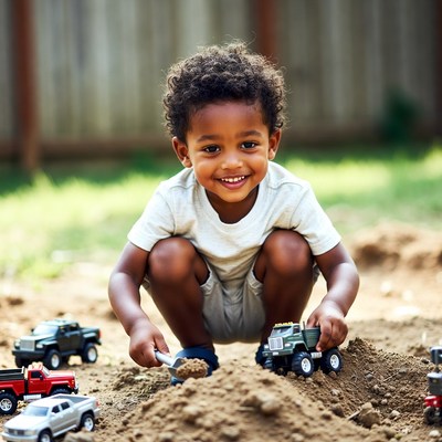 African-American toddler playing with toy trucks
