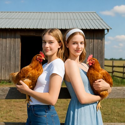 Two girls holding roosters by barn