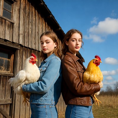 Two girls holding chickens by barn