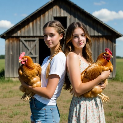 Two girls holding chickens by barn