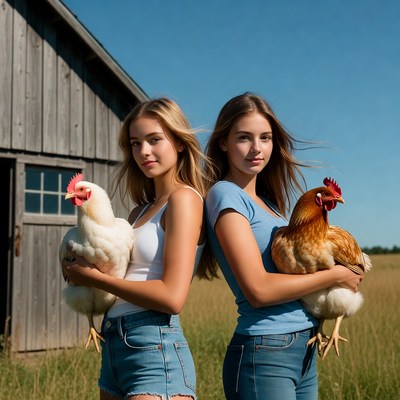 Two girls holding chickens by barn