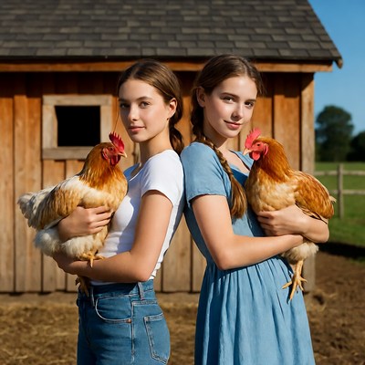Two girls holding chickens by barn