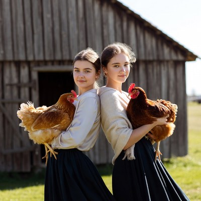 Two girls holding chickens by barn