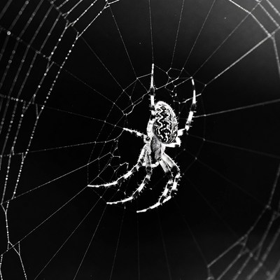 Spider on web black and white