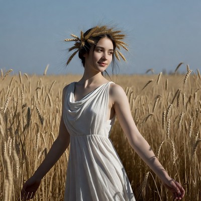 Woman in wheat crown in golden field