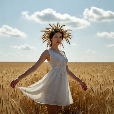 Woman with wheat crown in wheat field