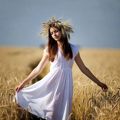 Woman in wheat crown dancing in field