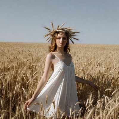 Woman with wheat crown in wheat field
